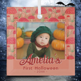 Eerste Halloween Rode Paddenstoel Herfst Foto Glas Ornament