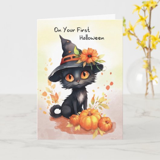 Eerste Halloween Zoete Kat Kaart (Gele Bloem)
