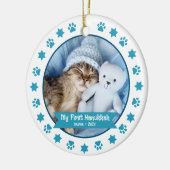 Eerste Hanukkah Pet Kitten Foto Turquoise Paw Scha Keramisch Ornament (Links)