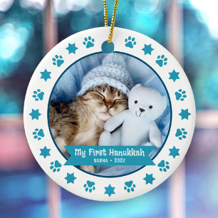 Eerste Hanukkah Pet Kitten Foto Turquoise Paw Scha Keramisch Ornament