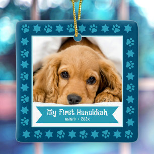 Eerste Hanukkah Pet Puppy Foto Pootjes Sterren Mar Keramisch Ornament