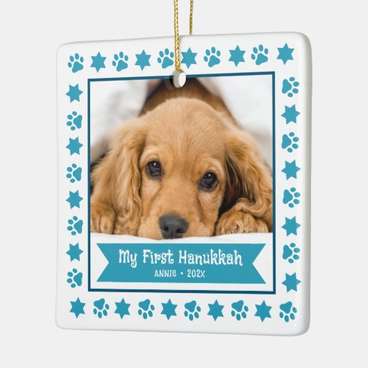 Eerste Hanukkah Pet Puppy Foto Turquoise Pootjes S Keramisch Ornament (Links)