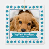 Eerste Hanukkah Pet Puppy Foto Turquoise Pootjes S Keramisch Ornament (Achterkant)