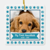 Eerste Hanukkah Pet Puppy Foto Turquoise Pootjes S Keramisch Ornament (Voorkant)