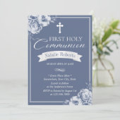 Eerste Heilige Commune  Blauwe Floral Kaart (Staand voorkant)