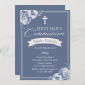 Eerste Heilige Commune  Blauwe Floral Kaart (Voorkant / Achterkant)