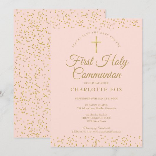 Eerste Heilige Commune Blush Pink Gold Dust Save The Date (Voorkant / Achterkant)