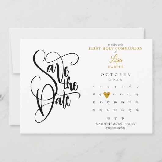 Eerste Heilige Commune Calendar Gold Heart Save The Date (Voorkant)