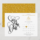 Eerste Heilige Commune Calendar Gold Heart Save The Date (Voorkant / Achterkant)