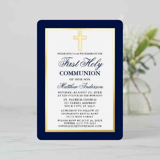 Eerste Heilige Commune Cross Blue Stripes Gold Lij Folie Uitnodiging (Staand Voorkant)