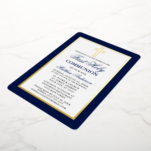 Eerste Heilige Commune Cross Blue Stripes Gold Lij Folie Uitnodiging (Gedraaid)