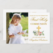 Eerste Heilige Commune Foto Roze White Floral Kaart (Voorkant / Achterkant)