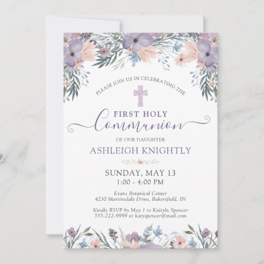 Eerste Heilige Commune Paarse Floral Cross Kaart (Voorkant)