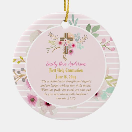 Eerste Heilige Commune PHOTO Gift Grils Pink Flowe Keramisch Ornament (Voorkant)