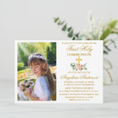 Eerste Heilige Commune Waterverf Roze Floral Gold Kaart (Staand voorkant)