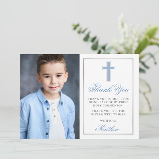 Eerste Heilige Communiaal Licht Blauw Zilver Strip Bedankkaart (Staand voorkant)