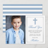 Eerste Heilige Communiaal Licht Blauw Zilver Strip Bedankkaart (Voorkant / Achterkant)
