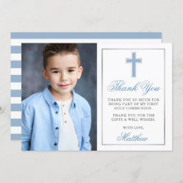 Eerste Heilige Communiaal Licht Blauw Zilver Strip Bedankkaart