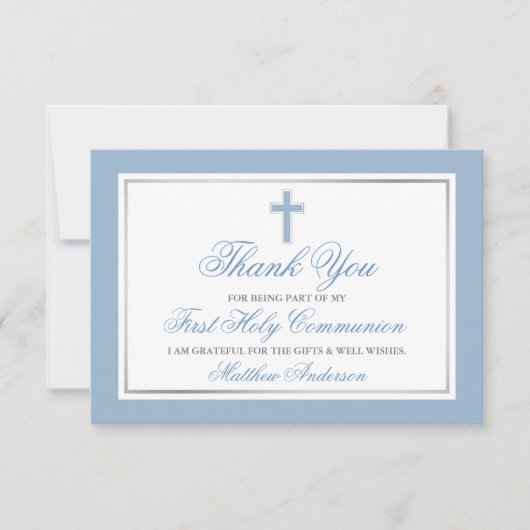 Eerste Heilige Communiaal Licht Blauw Zilver Strip Bedankkaart (Voorkant)