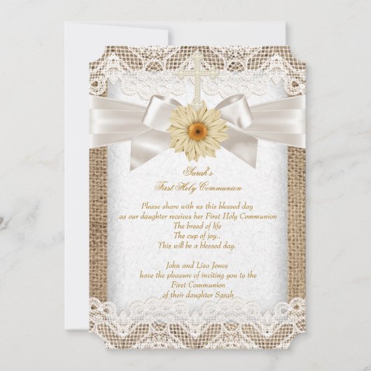 Eerste Heilige Communie 1ste Girls Cross Burlap La Kaart (Voorkant)