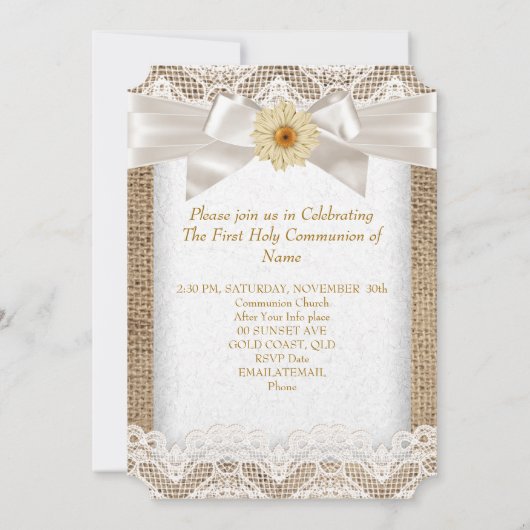 Eerste Heilige Communie 1ste Girls Cross Burlap La Kaart (Achterkant)