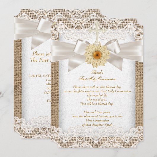 Eerste Heilige Communie 1ste Girls Cross Burlap La Kaart (Voorkant / Achterkant)