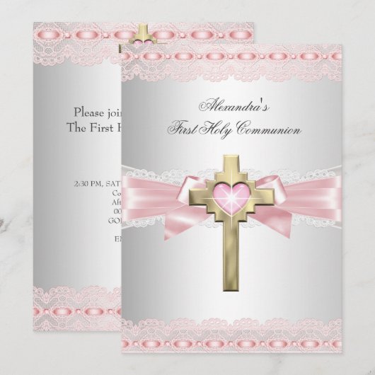 Eerste Heilige Communie 1ste Goudkruis Roze 2 Kaart (Voorkant / Achterkant)