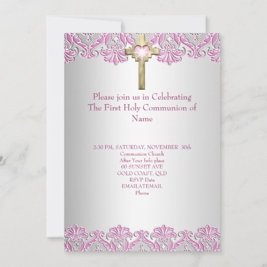 Eerste Heilige Communie 1ste Goudkruis Roze Kaart (Achterkant)