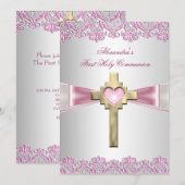 Eerste Heilige Communie 1ste Goudkruis Roze Kaart (Voorkant / Achterkant)