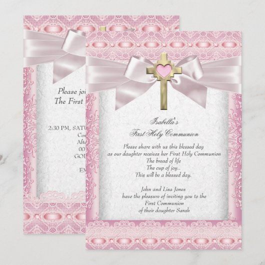 Eerste Heilige Communie 1ste Meisjes Kruisroze kan Kaart (Voorkant / Achterkant)