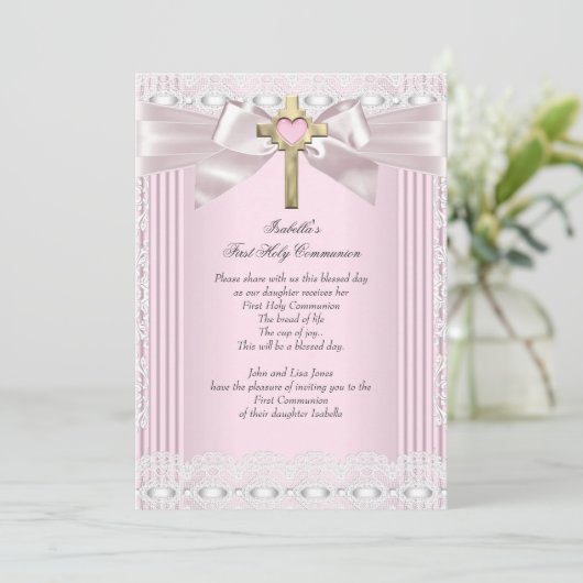 Eerste Heilige Communie 1ste Meisjes Kruisroze kan Kaart (Staand voorkant)