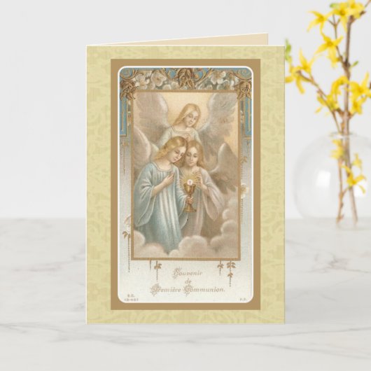 Eerste Heilige Communie Angels Eucharist Host Vint Kaart (Gele Bloem)