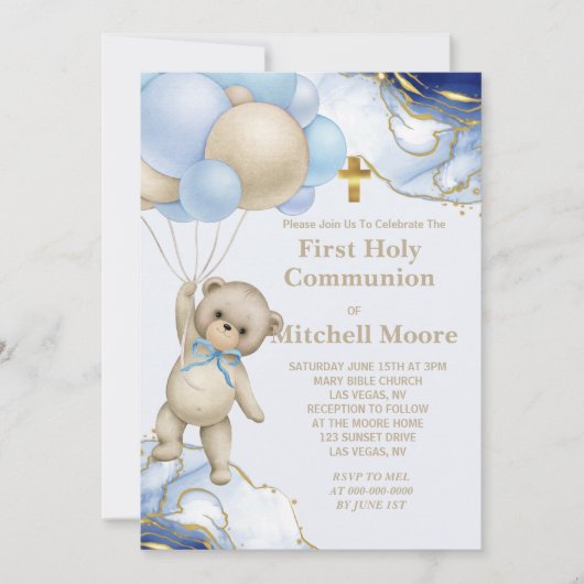 Eerste Heilige Communie Beren Ballon Blauw Gouden  Kaart (Voorkant)