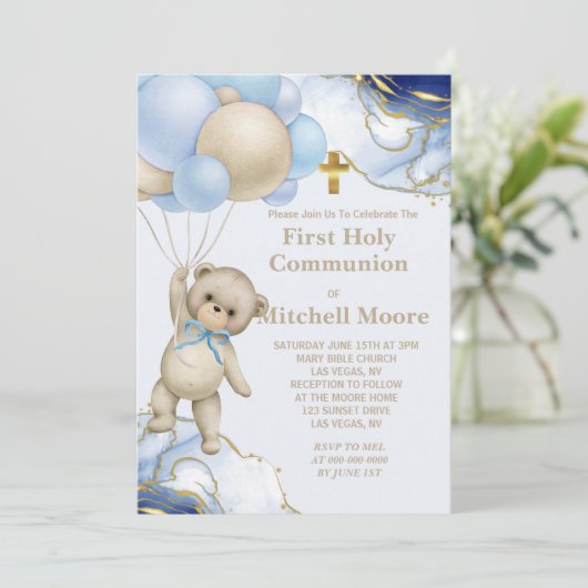 Eerste Heilige Communie Beren Ballon Blauw Gouden  Kaart (Staand voorkant)