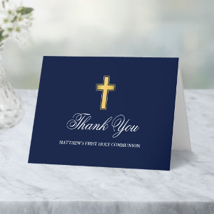 Eerste Heilige Communie Blauw en Goud Gevouwen Bedankkaart