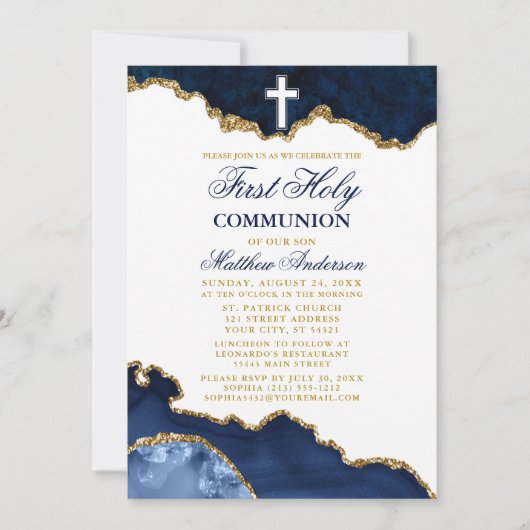 Eerste Heilige Communie Blauw Goud Marmer Geode Kaart (Voorkant)