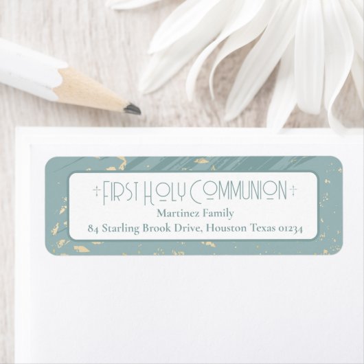 Eerste Heilige Communie Blauw Goud Retouradres Etiket (Insitu)