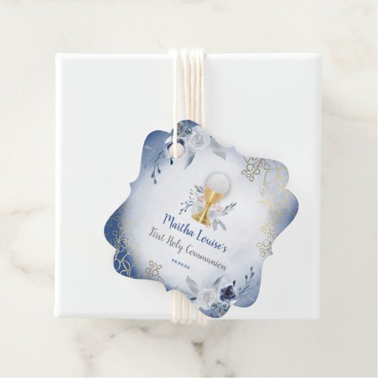 Eerste Heilige Communie blauwe bloemen Bedankjes Labels (In situ)