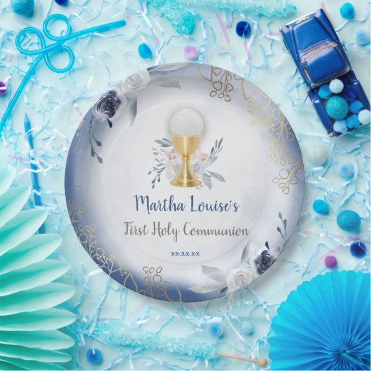 Eerste Heilige Communie blauwe bloemen Papieren Bordje (Feest)