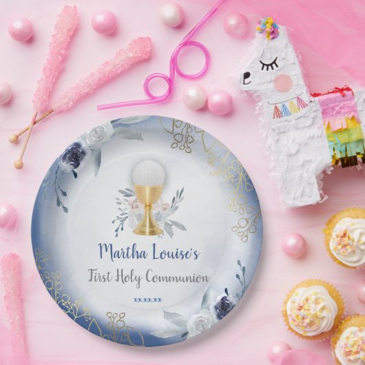 Eerste Heilige Communie blauwe bloemen Papieren Bordje (Feest)