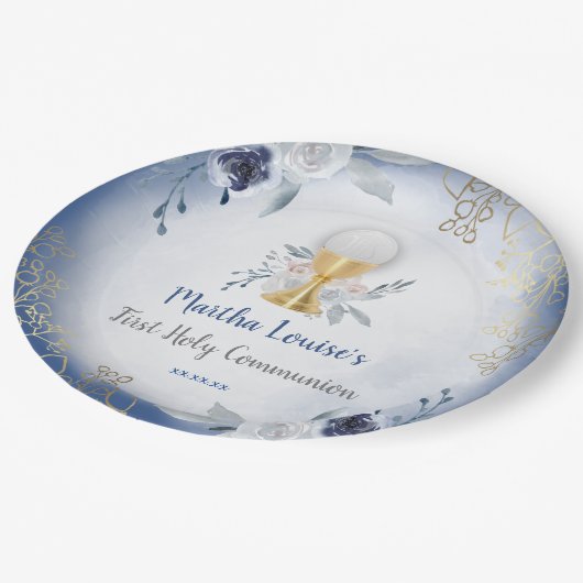 Eerste Heilige Communie blauwe bloemen Papieren Bordje (Gekanteld)