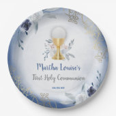 Eerste Heilige Communie blauwe bloemen Papieren Bordje (Voorkant)