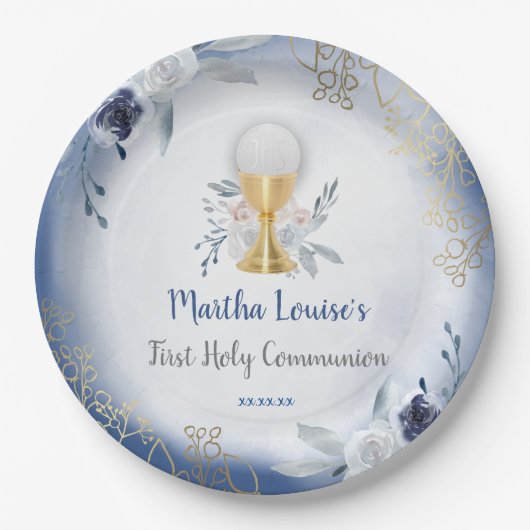 Eerste Heilige Communie blauwe bloemen Papieren Bordje (Voorkant)