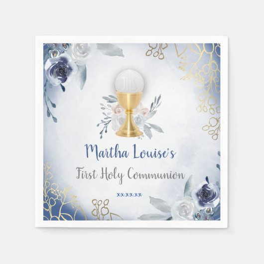 Eerste Heilige Communie blauwe bloemen Servet (Voorkant)