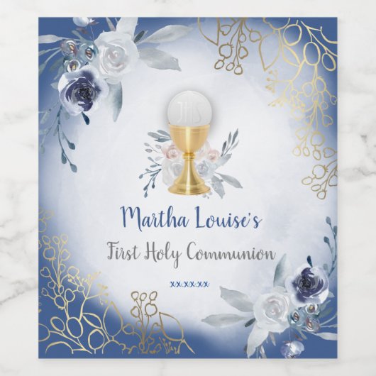 Eerste Heilige Communie blauwe bloemen Wijn Etiket (Enkel label)