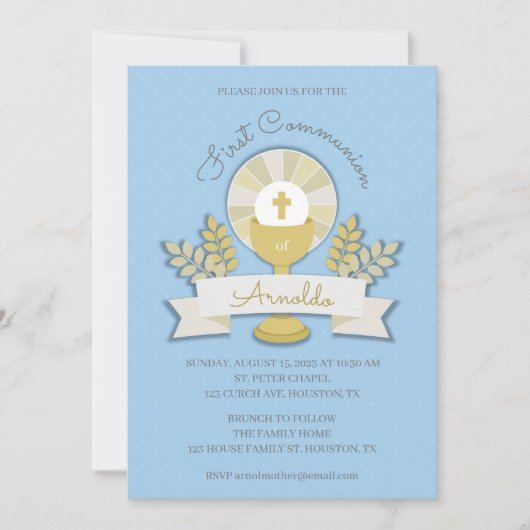 Eerste Heilige Communie Blauwe Kelk Uitnodiging (Voorkant)