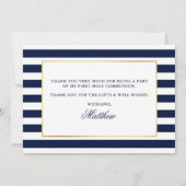 Eerste Heilige Communie Blauwe Strepen Goud Bedankkaart (Achterkant)