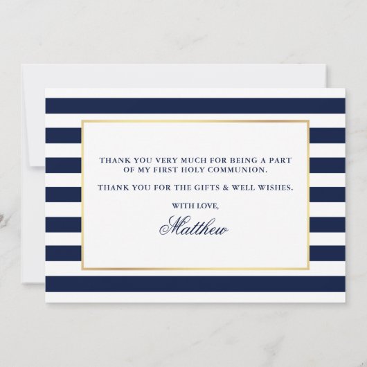 Eerste Heilige Communie Blauwe Strepen Goud Bedankkaart (Achterkant)