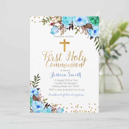 Eerste Heilige Communie Blauwe Uitnodiging Jongen (Staand voorkant)