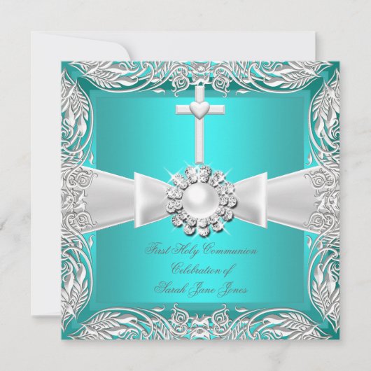 Eerste Heilige Communie Blauwgroen White Silver Gi Kaart (Voorkant)